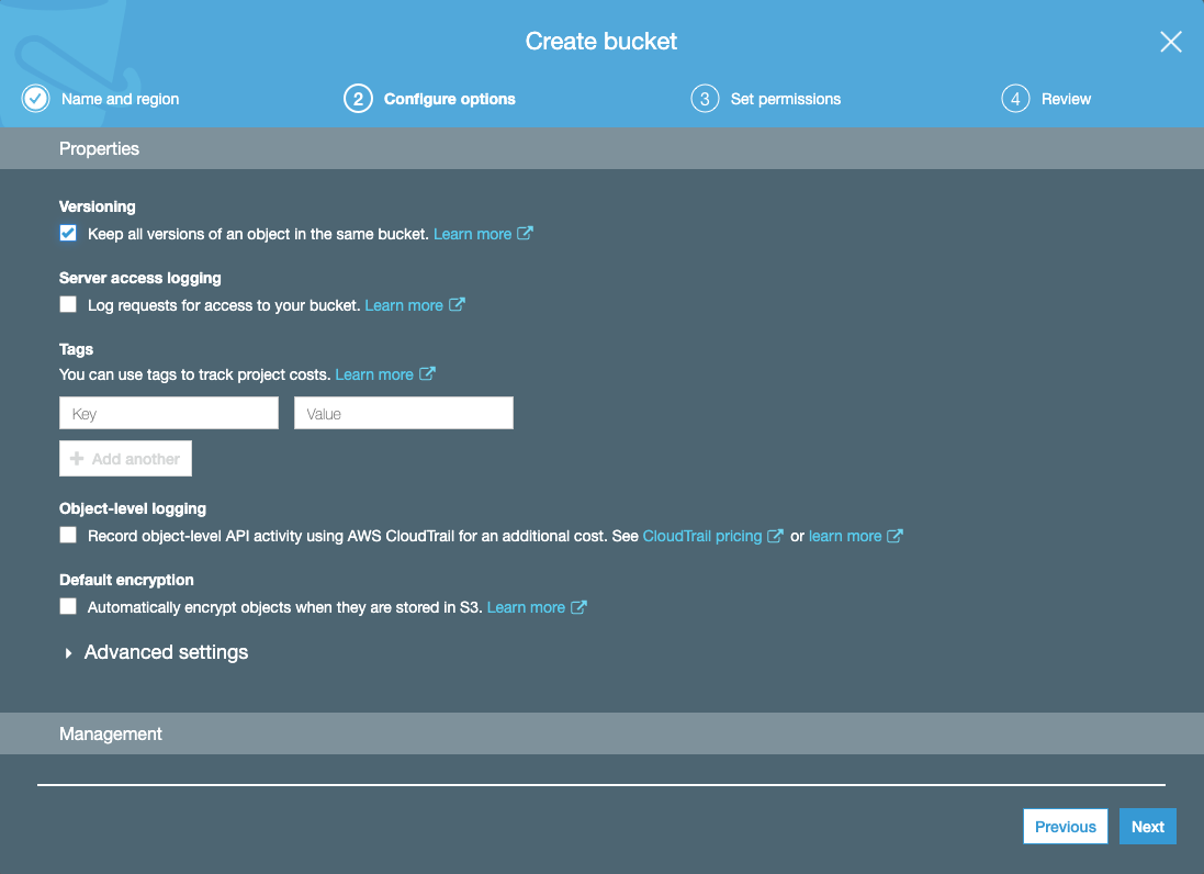 Configuration options. AWS s3 Bucket.